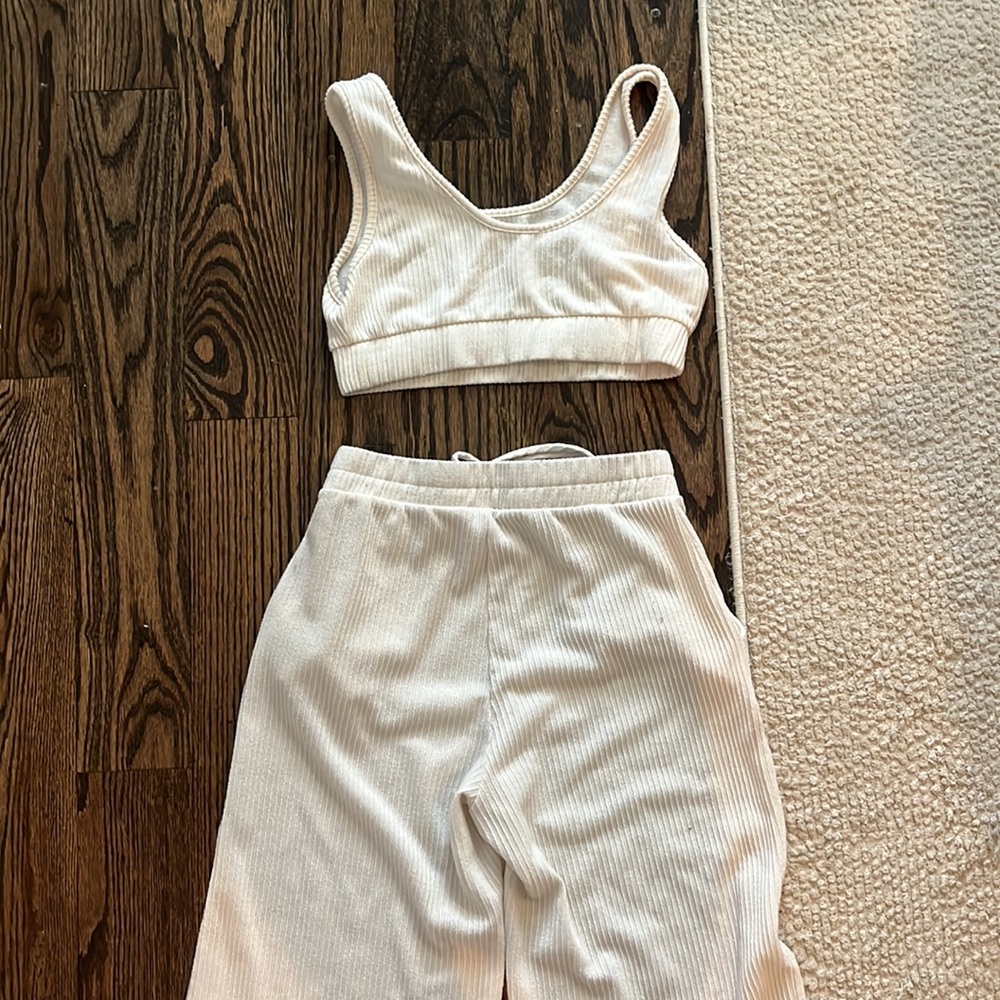 Women's Cream Ribbed Pants & Top Set - Picture 2 of 2